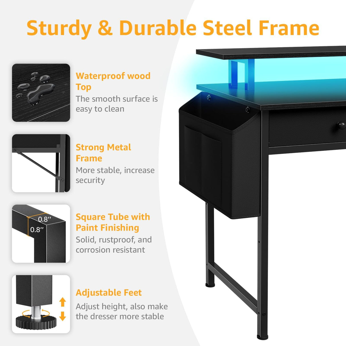 Black Computer Desk with Shelves and Drawers - 47 Inch Home Office Desk with Drawers and Shelves, Small Black Desk with Shelves, Computer Desk with Monitor Stand, RGB Gaming Desk with Power Outlet DLisiting