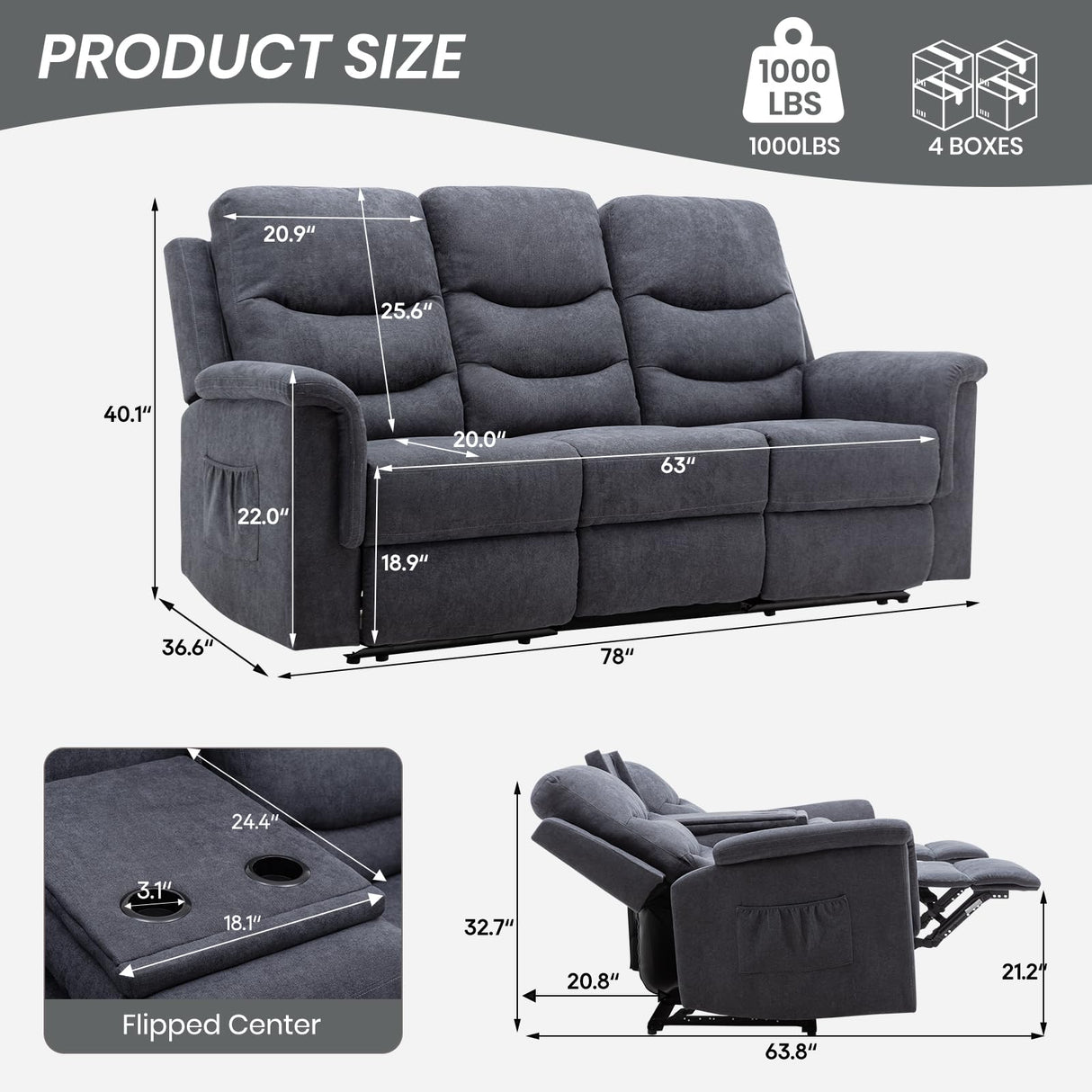 Consofa Reclining Sofa, Recliner Sofa 3 Seater with Flipped Middle Backrest, 2 Cup Holders, Manual Wall Hugger Couches for Living Room, Home Theater Seating Loveseat Recliner Sofa Consofa