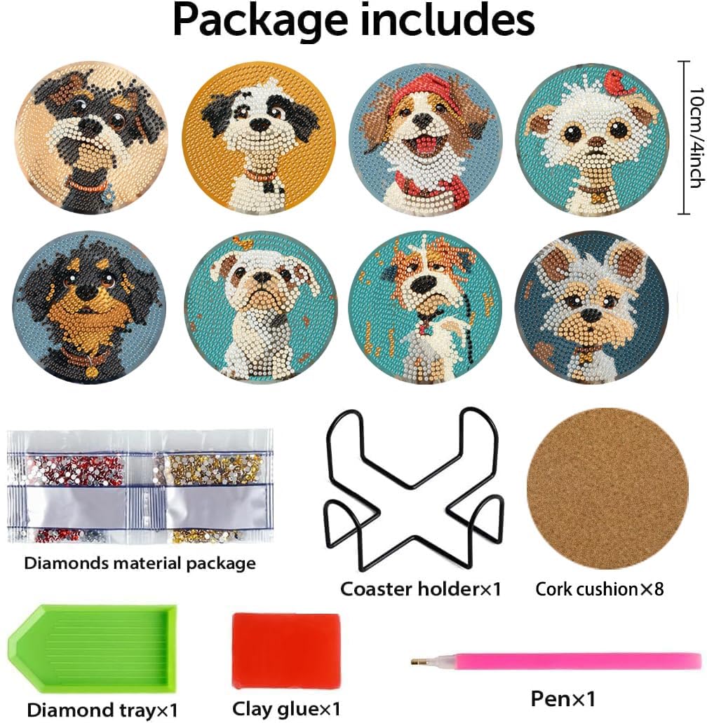 cupmod Cute Dog Diamond Art Painting Coasters Kit, 8 Pieces Puppy Diamond Art Coasters with Holder, DIY Dog Diamond Coasters for Beginners cupmod