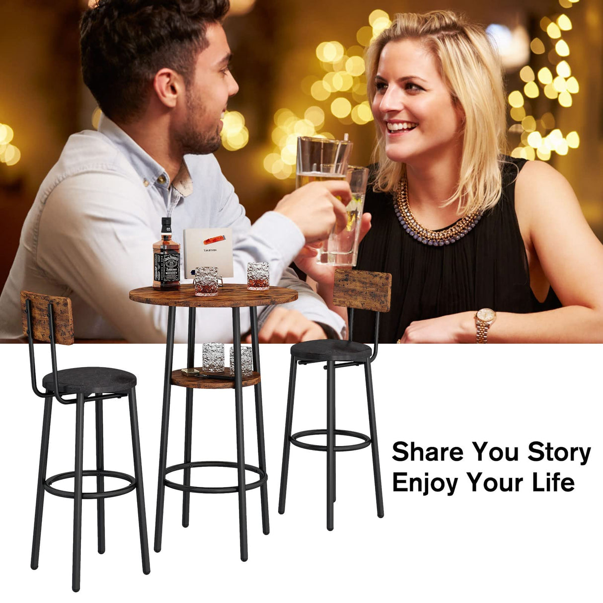 Industrial 3-Piece Bar Table Set with Stools - 2-Tier Round Pub Bistro Dining for Small Spaces CALABASH