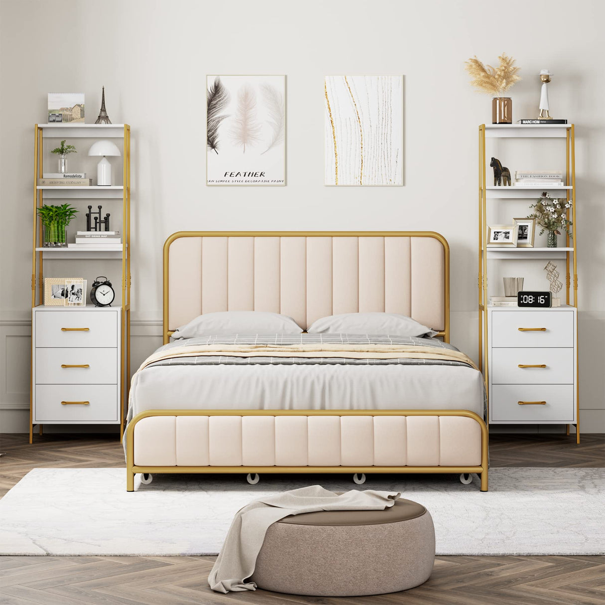 HITHOS 4-Tier Bookshelf, Tall Bookcase with 3 Wooden Drawers, Modern Ladder Book Shlef Storage Organizer for Living Room, Entryway, Office, White Gold HITHOS