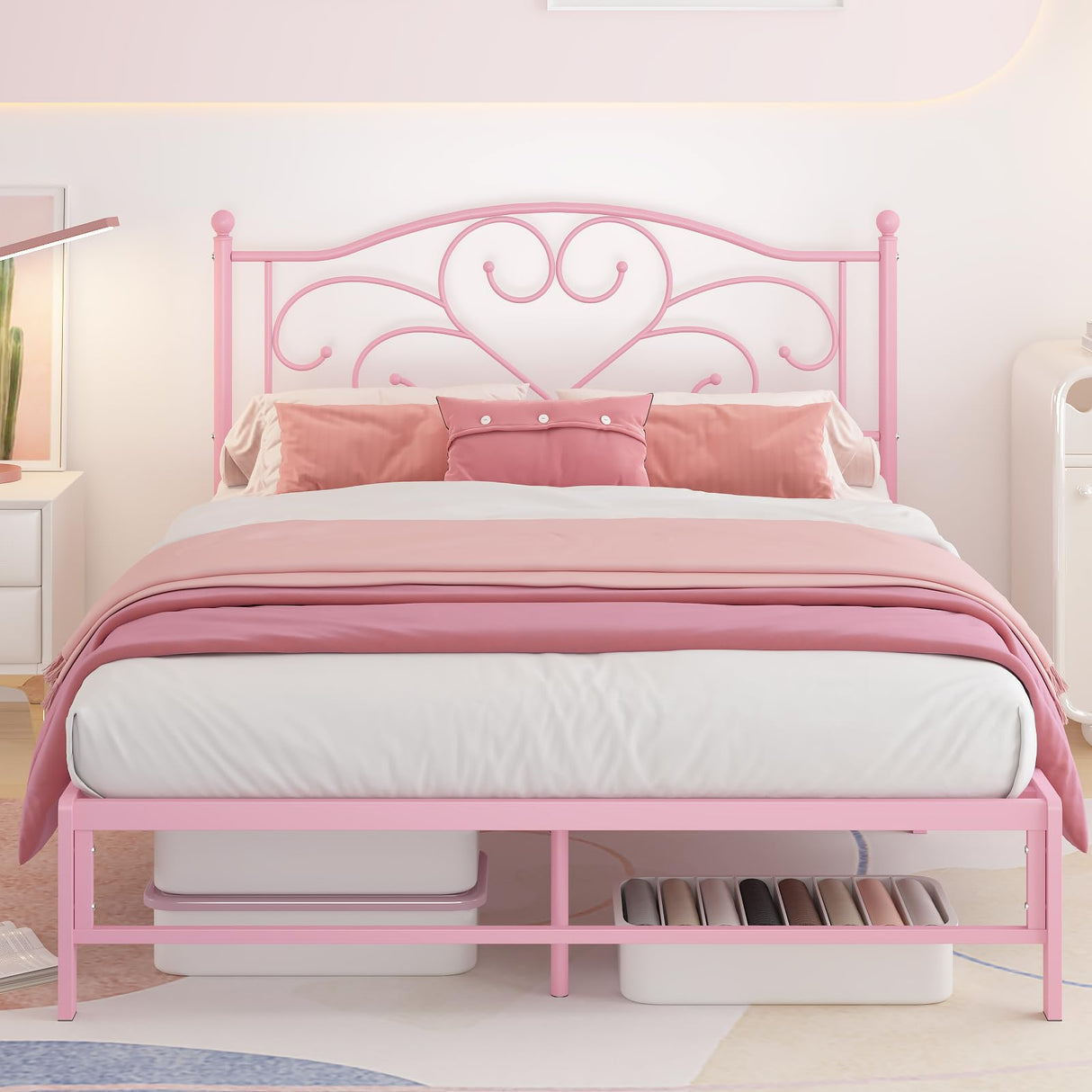 Elephance Full Bed Frame with Headboard Metal Bed Frame Full Size with 11.2" Storage Space No Box Spring Needed Easy Assembly,Pink Elephance