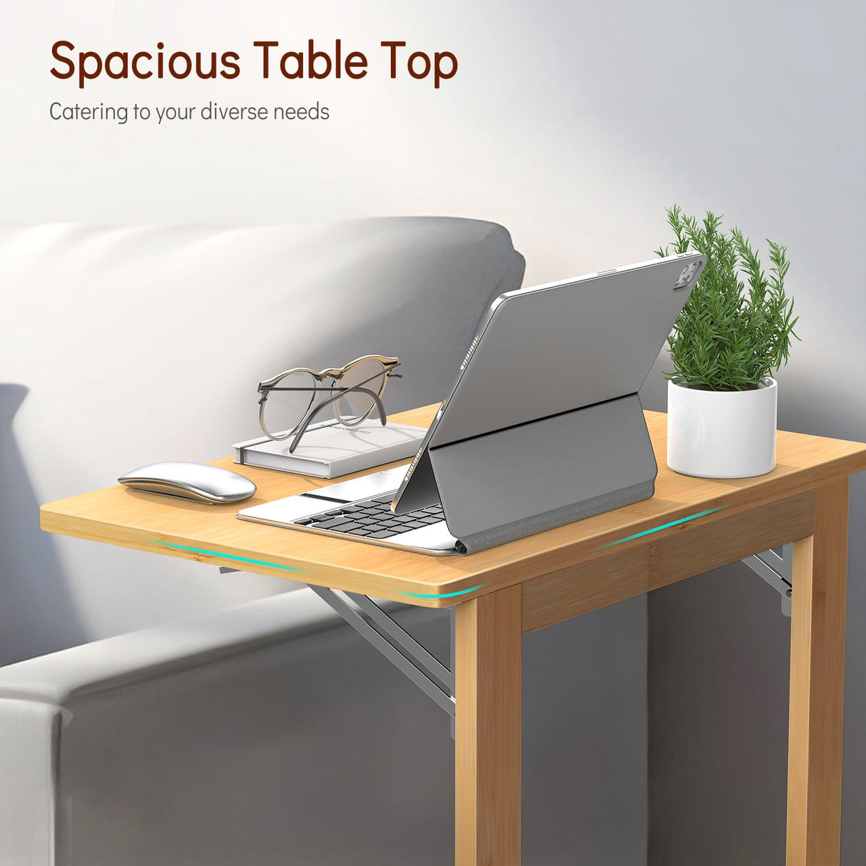 Tatub 24'' Wide Folding C Shaped End Table, Small Sofa Side Laptop Desk, Couch TV Tray Table for Living Room, Bedroom, Nature Bamboo Tatub