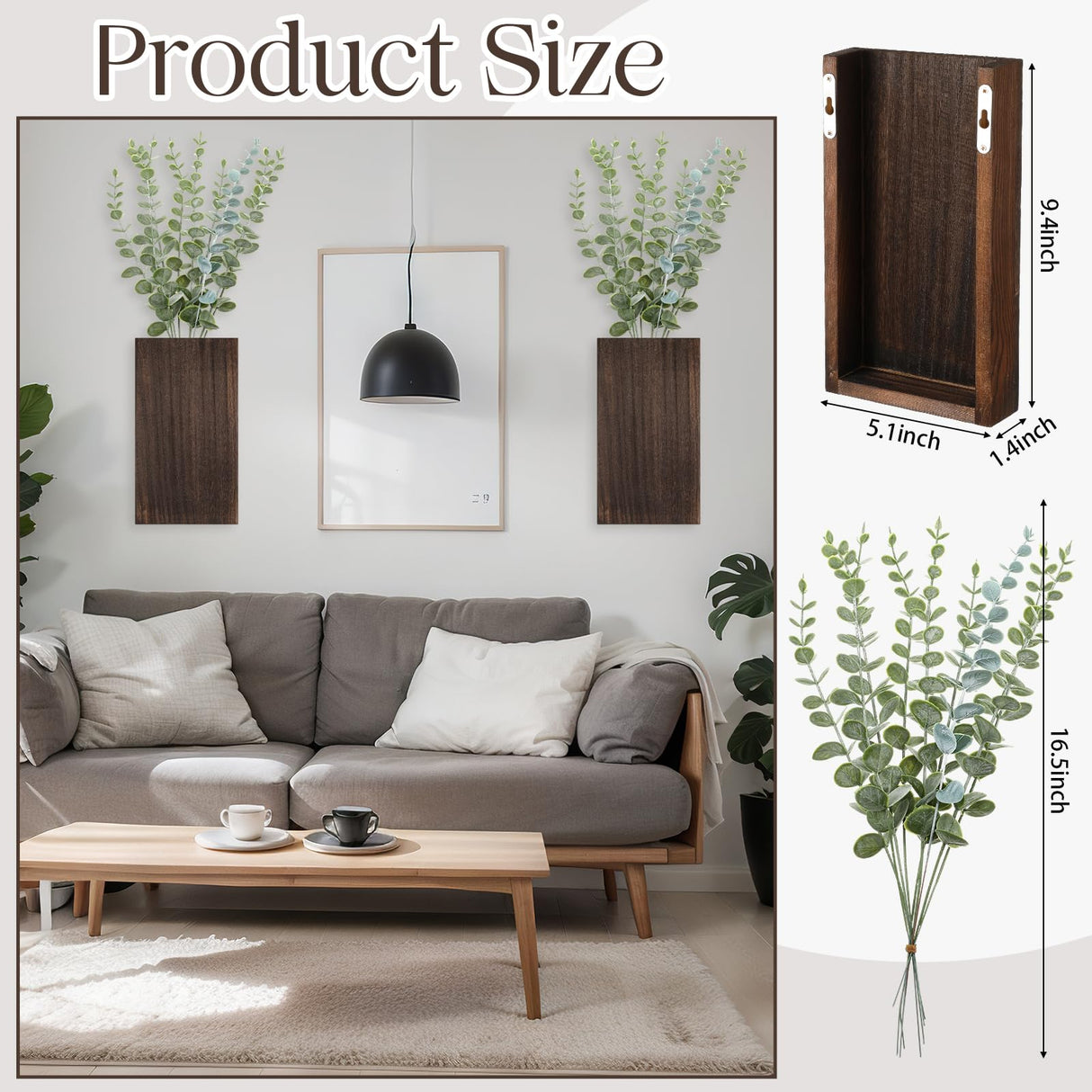 Vesici 2 Pack Wood Wall Planter Vase with Artificial Plants Indoor Plants Holder Pocket Farmhouse Wooden Vases Wall Flower Vase Hanging Plant Decor for Bedroom Kitchen Office Home (Wood,Eucalyptus) Vesici