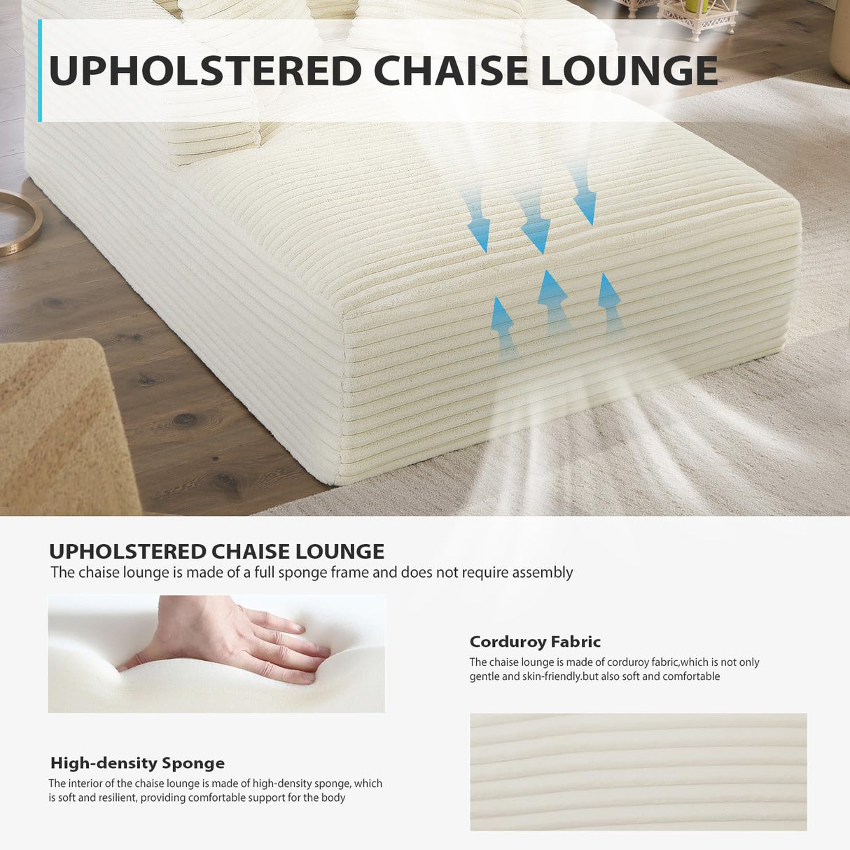 67 Inch Chaise Lounge Chair Indoor, Oversized Corduroy Upholstered Boneless Sofa Bed, Deep Seat Sleeper Couch Reading Chairs, Cloud Sofas Couches for Living Room, No Assembly Required (Beige) HANXIN