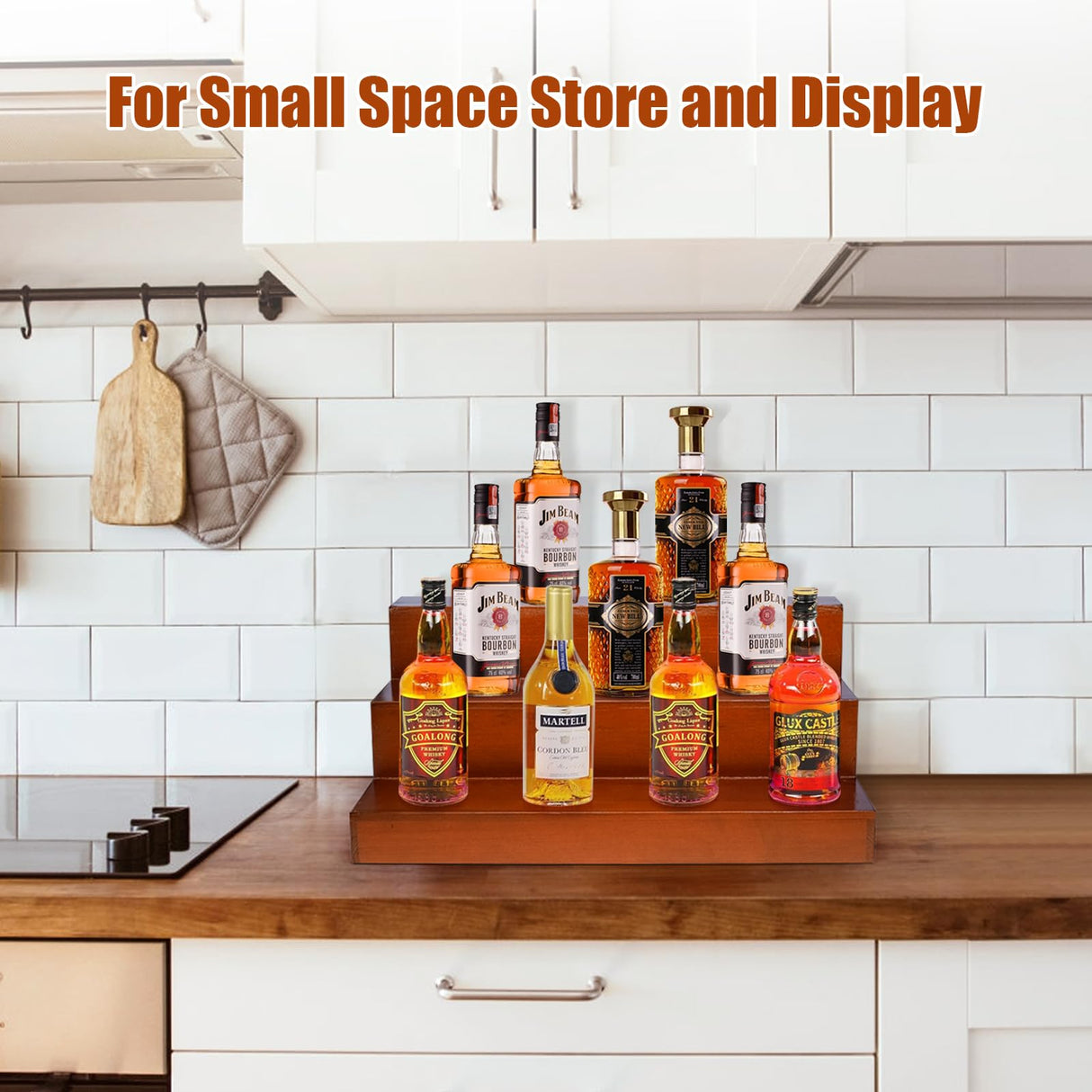 AGJIDSO Liquor Bar Bottle Display Shelf, 3 Tier Solid Wood Liquor Bottle Stand, Bar Liquor Shelves for Home, Bar, Kitchen AGJIDSO