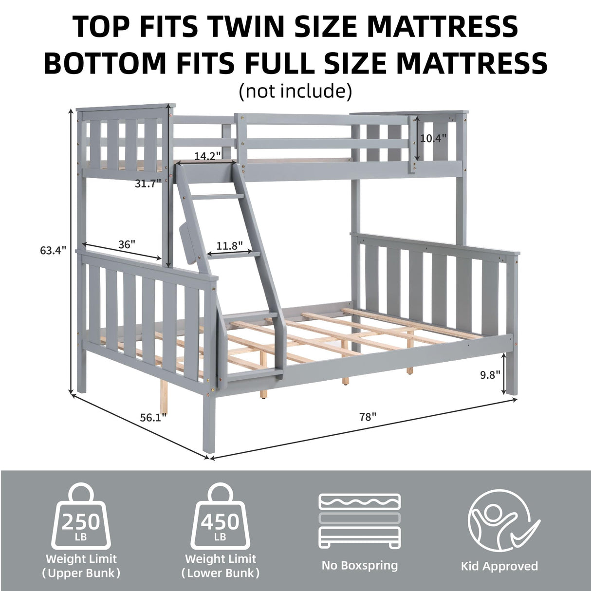 FLEXISPOT Twin Over Full Bunk Bed with Flexible Ladder,Kids Solid Wood Bed Frame,Strong Wooden Slats, Non-Toxic Finishes, No Box Spring Needed,Grey FLEXISPOT