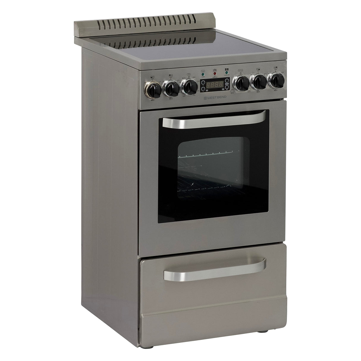 West Bend WB200ERPSS 20-Inch Electric Range, Compact Design, Top with 4 Cooking Zones, Glass Oven Door, Storage Drawer, and Rotisserie Accessories, 2.0 Cu. Ft, Stainless Steel, Metallic West Bend