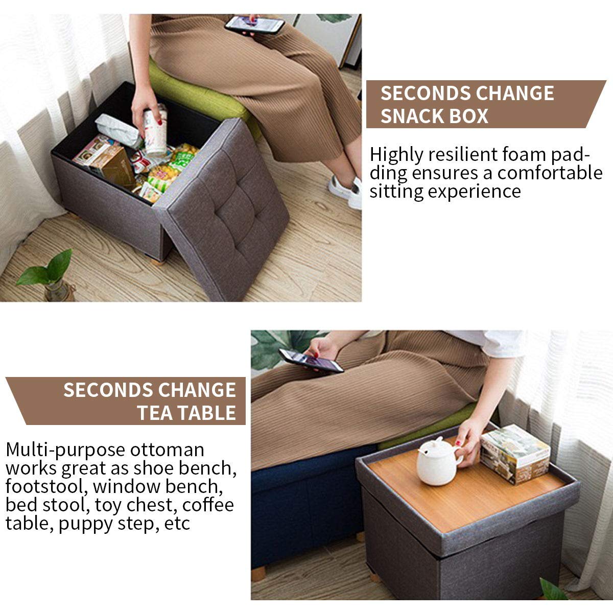 BRIAN & DANY Folding Storage Ottoman Cube, Ottoman with Storage, Small Ottoman Foot Rest with Wood Legs for Living Room 15"x15"x15" - Brown BRIAN & DANY