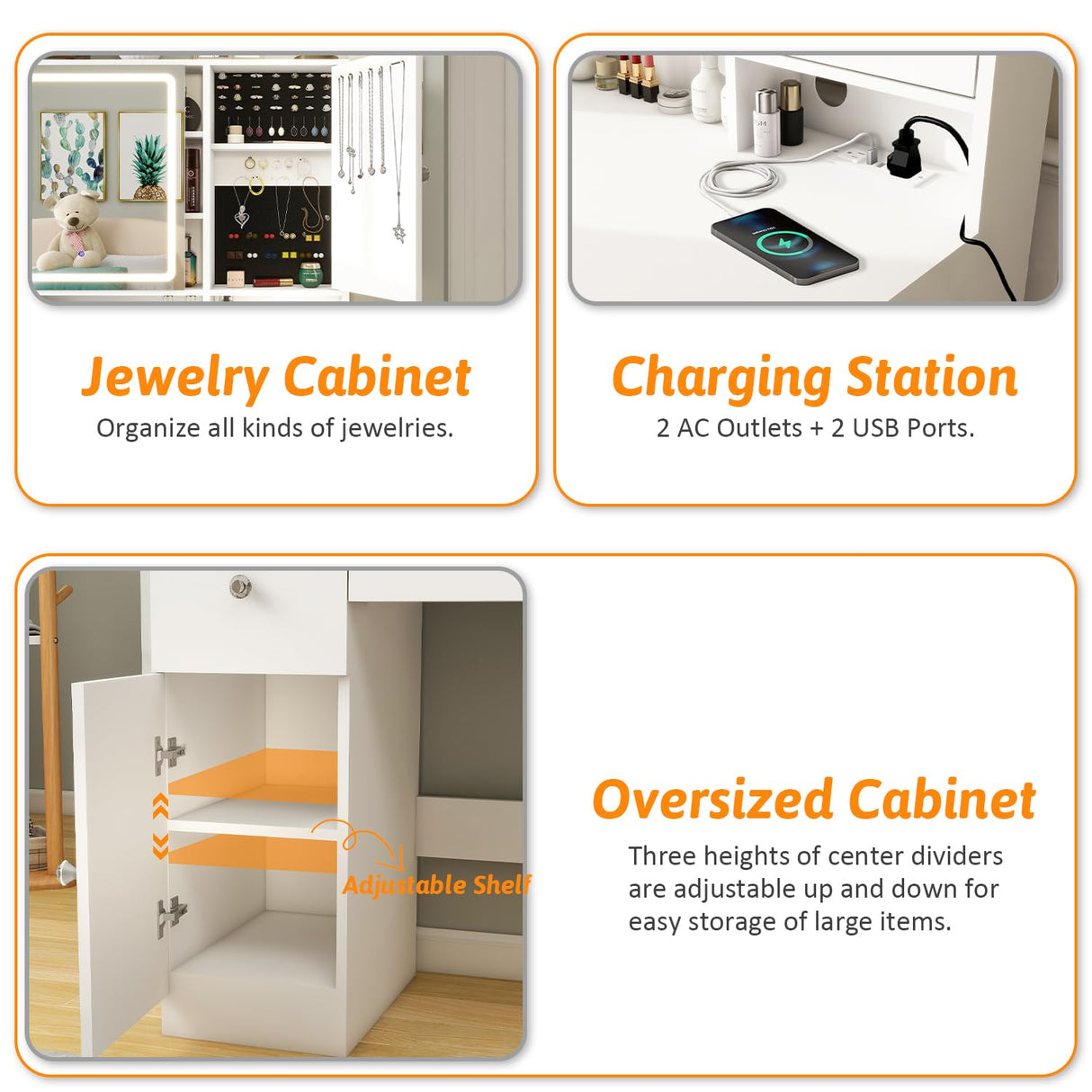 vomavex 45" Makeup Vanity Desk with Sliding Lighted Mirror & Power Outlet, Big Vanity with 5 Drawers, Storage Shelves, 3 Cubbies, 2 Cabinets for Women, Dressing Table for Bedroom, Bathroom, White vomavex