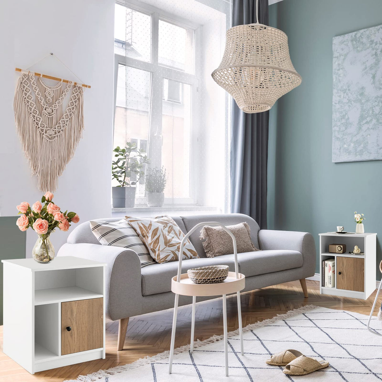 Tangkula Nightstand Set of 2, Wooden Sofa Side End Table with Bamboo Door & Open Compartments, Multifunctional 3 Tier Bedside Table for Bedroom, Accent Table with Storage (2, White) Tangkula