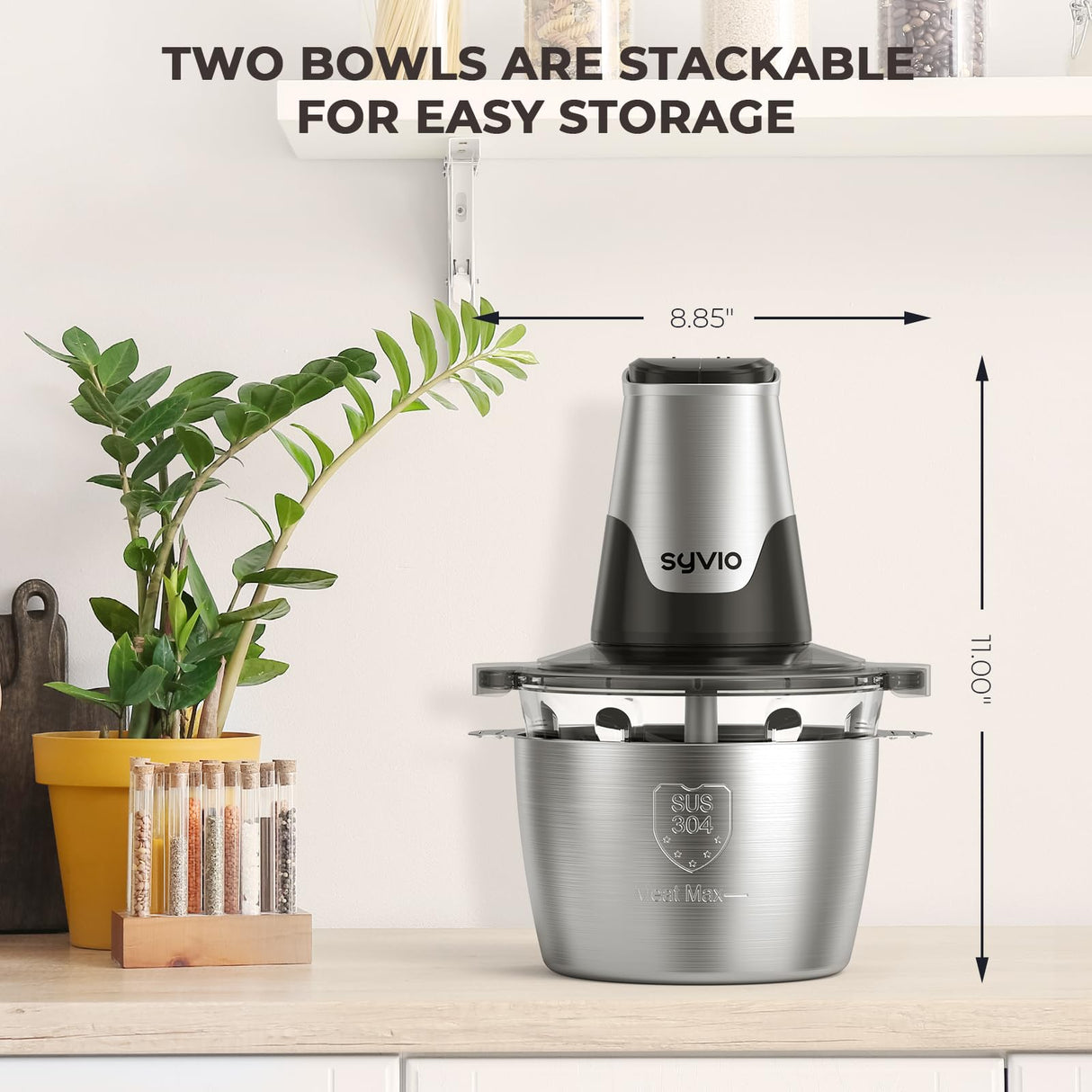 Syvio Food Processors with 2 Bowls, Meat Grinder 4 Bi-Level Blades, Mini Electric Food Chopper 450W, for Baby Food, Meat, Onion, Vegetables, 2 Speed, 8 Cup and 8 Cup syvio