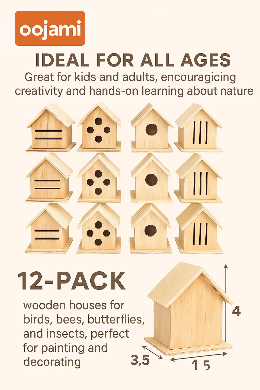 12 Pack Oojami Wooden Bird, Bee, Insect, and Butterfly Houses, DIY Paintable Craft Kit, Bulk Set for Kids and Adults, Outdoor Garden Habitat for Pollinators Oojami