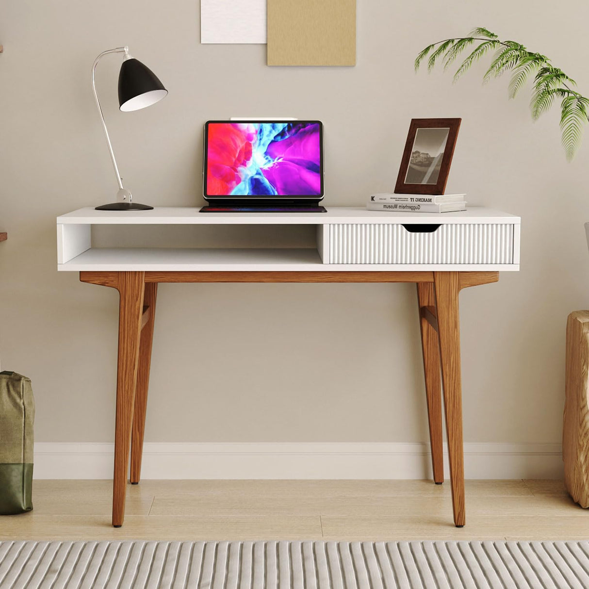 Longcoam Design White Computer Desk with Drawers - 45 inch Minimalist Small Solid Wood Mid-Century Modern Office Desk for Home - Boho Style Writing Table with Open Storage,Light Wooden Desk Workspace Longcoam Design