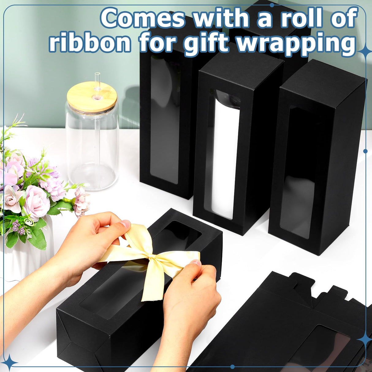 Honoson 24 Pcs Gift Boxes for Sublimation Tumblers Transparent Gift Box with Ribbon for 12oz, 20oz, 30oz Heat Press Sublimation Blanks Skinny Cup for Shipping Gift Wrapping (Black) Honoson