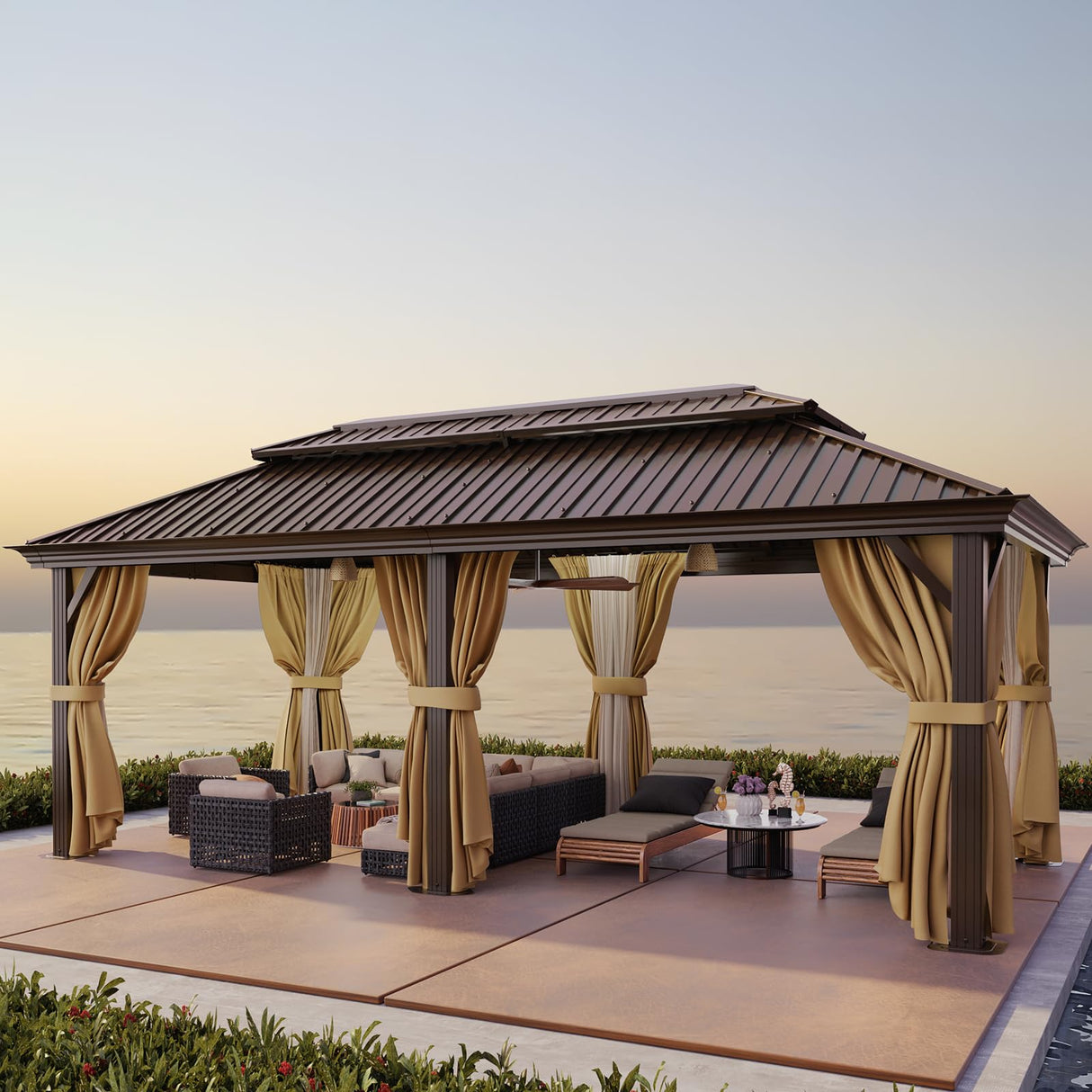 HOTEEL 12x20 Hardtop Gazebo with Metal Roof, Heavy Duty Galvanized Steel Gazebo with Reinforced Aluminum Frame, Flame-Resistant Curtains and Netting, Suitable for Gazebo 10x20, Brown (Upgraded 1.0) Hoteel