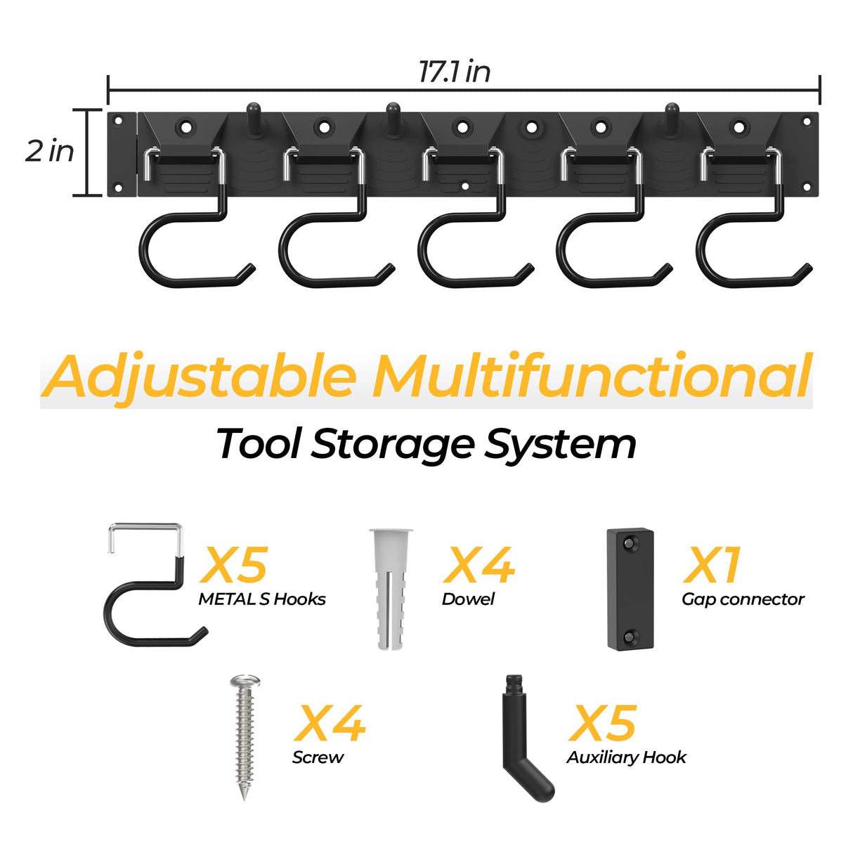 GARLWOLEX 34 Inch Garden Tool Organizer Wall Mount with Non Slip Rubber Coated Metal Hooks, Storage Rack for Indoor/Outdoor Shovel, Rake, Mop and Broom Holder Wall Mount ( 10 Hooks+10 Holders GARLWOLEX