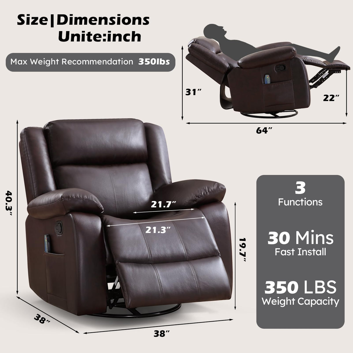 ANJ Swivel Rocker Recliner Chair, Manual Rocking Glider Massage Recliner with Heat, Overstuffed PU Leather Big Large Recliner for Living Room Bedroom Nursery ANJ