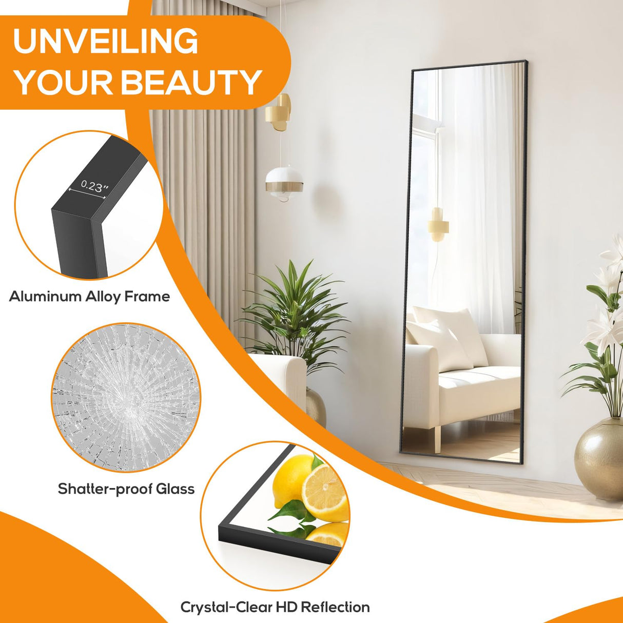 Aidoly Mirror Full Length, Upgraded 16"x59" Body Wall Mirrors with Shatter-Proof Glass, Floor Standing, Hanging or Leaning, Tall Mirror with Stand Aluminum Alloy Frame for Bedroom Cloakroom Aidoly