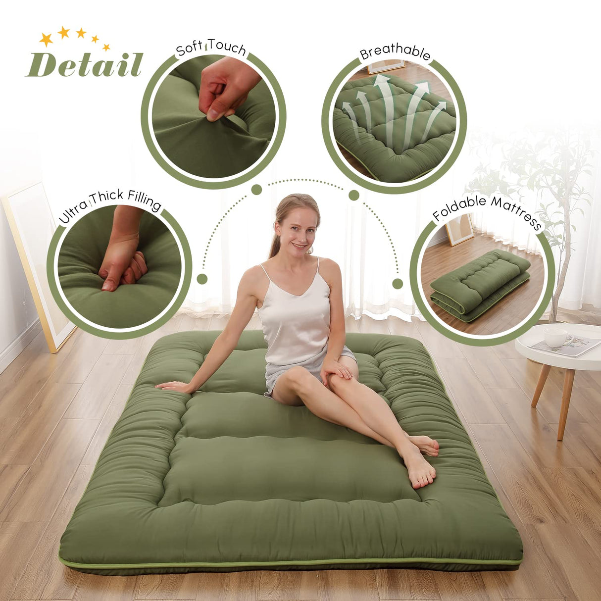 Zelladorra Japanese Floor Mattress, Futon Mattress with Portable Storage Bag, Roll Up Mattress Thick Tatami Mattress Suitable for Camping, Guest Room, Green, Twin Zelladorra