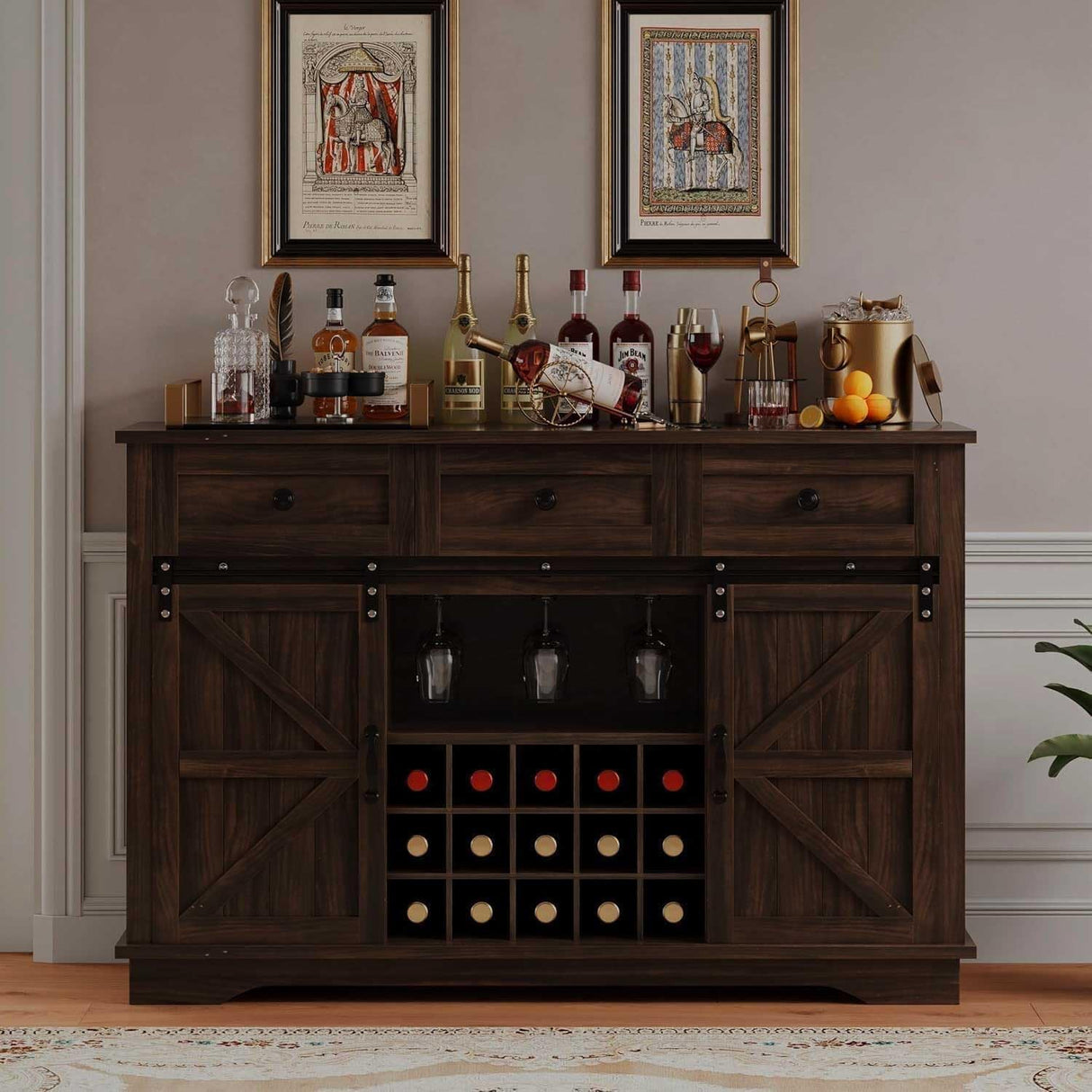 4ever2buy Farmhouse Coffee Bar Cabinet with Sliding Barn Door, Wine Bar Cabinet with Storage, 54 Inch Coffee Bar with 3 Drawers & 15 Racks, Buffet Cabinet for Living Dining Room, Kitchen, Dark Oak 4ever2buy