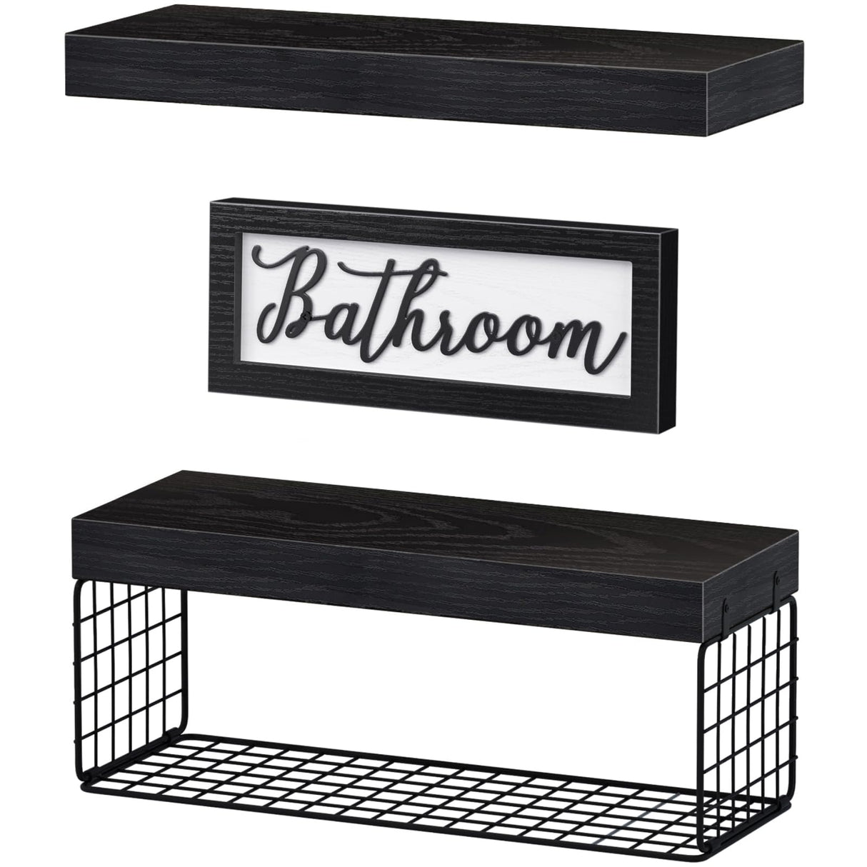 QEEIG Bathroom Shelves Over Toilet - Paper Storage Wall Mounted Farmhouse Decor Decorations Aesthetic Décor Sign Small Floating Shelf 2+1 Set 16 inch, Black (020B) QEEIG