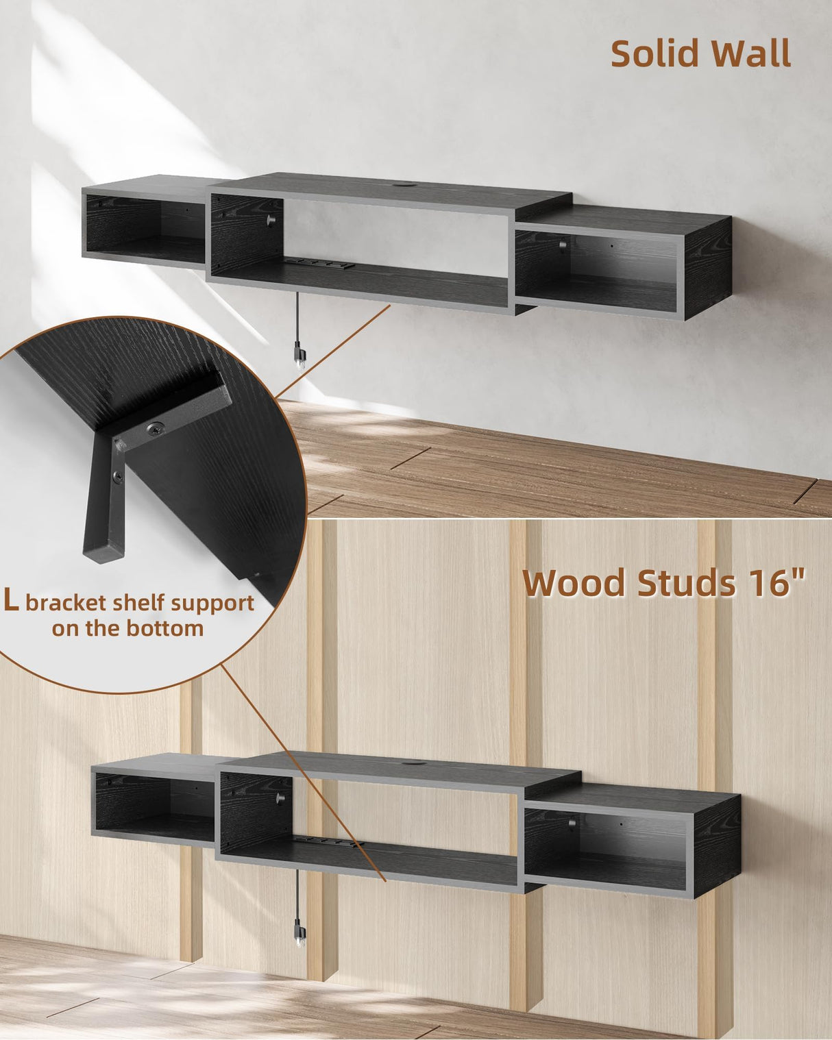 Vicodabo 55" Wall Mounted TV Cabinet with Power Outlet, Floating Wood Media Console for Audio, Video, Game Console, Modern Entertainment Center for Living Room & Bedroom, Black Vicodabo