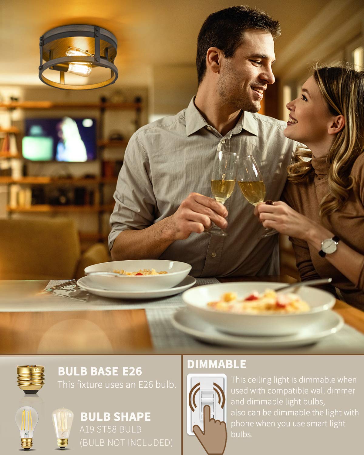 Osimir 2-Light Farmhouse Flush Mount Ceiling Light, 12 inch Kitchen Ceiling Light, Round Rustic Light Fixtures with Black & Wood Grain Finish for Entryway Hallway, OS-3016BK Osimir