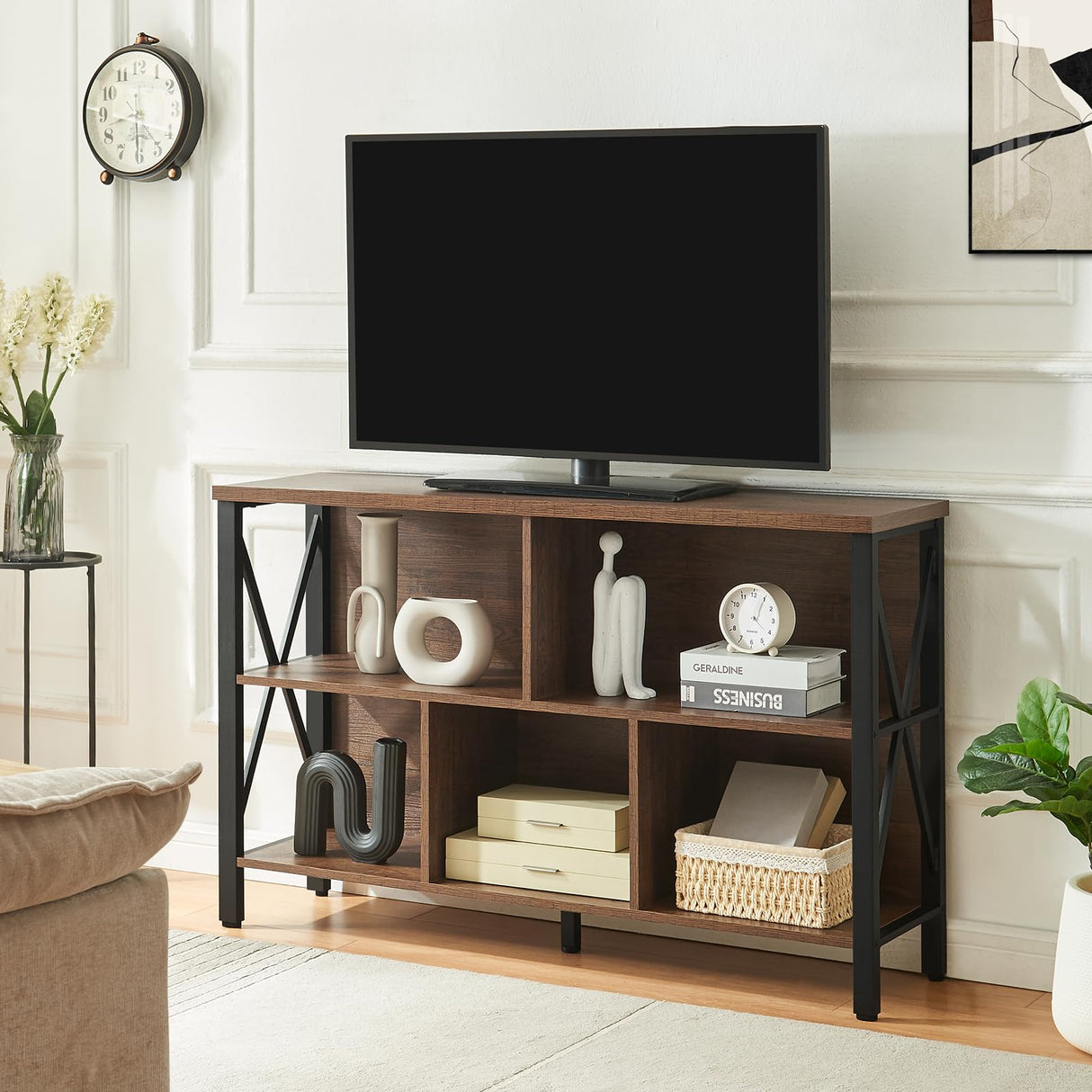 HOMISSUE Cube Storage Organizer Shelf, Rustic Horizontal Bookshelf with 5 Cube Storage, Industrial Short Wide Bookcase with 3 Tier Shelves, Low and Long Cube Bookshelf for Living Room, Office, Brown HOMISSUE