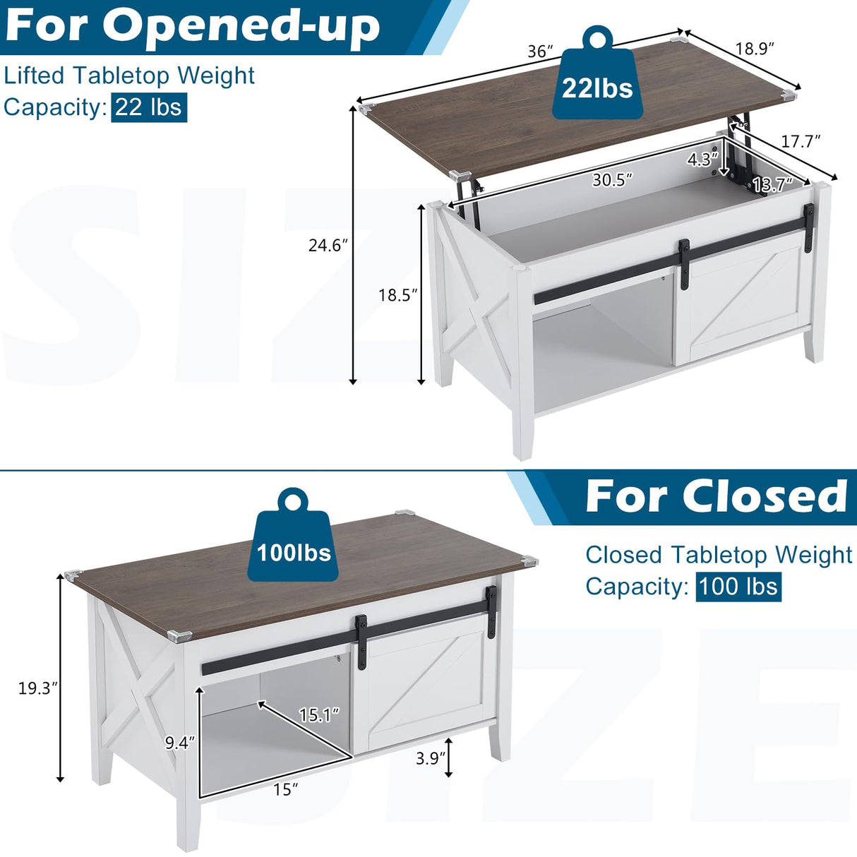 VINGLI White Oak Lift Top Coffee Table, 36" Small Farmhouse Barn Door Coffee Table with Storage, Rectangular Center Wood Coffe Table with Lifting Top,Lift Up Living Room Tables with Hidden Compartment VINGLI