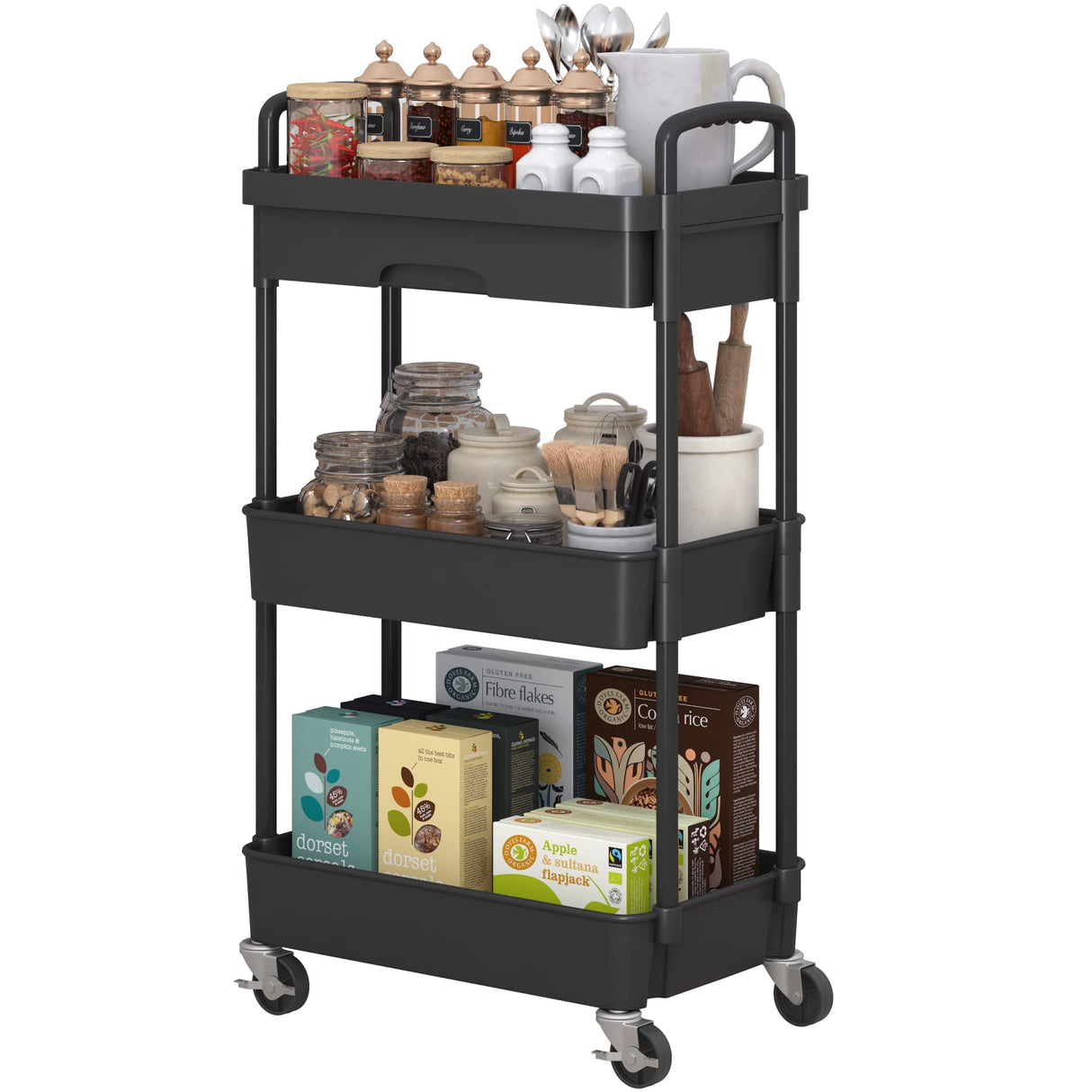 Dttwacoyh 3-Tier Rolling Cart,Trolley with Drawer, Multifunctional Storage Organizer with Plastic Shelf & Metal Wheels, Kitchen Storage Cart for Living Room, Kitchen, Office, Bathroom, Black Dttwacoyh