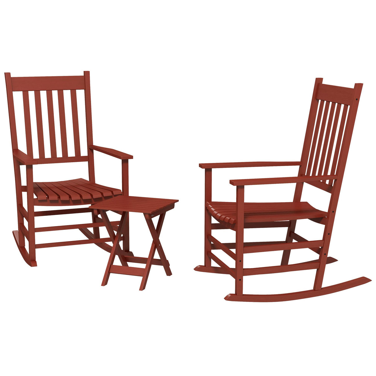 Outsunny Wooden Rocking Chair Set w/Foldable Side Table, Outdoor Rocker Chairs with Curved Armrests, High Back & Slatted Seat for Garden, Balcony, Porch, Supports Up to 352 lbs., Wine Red Outsunny