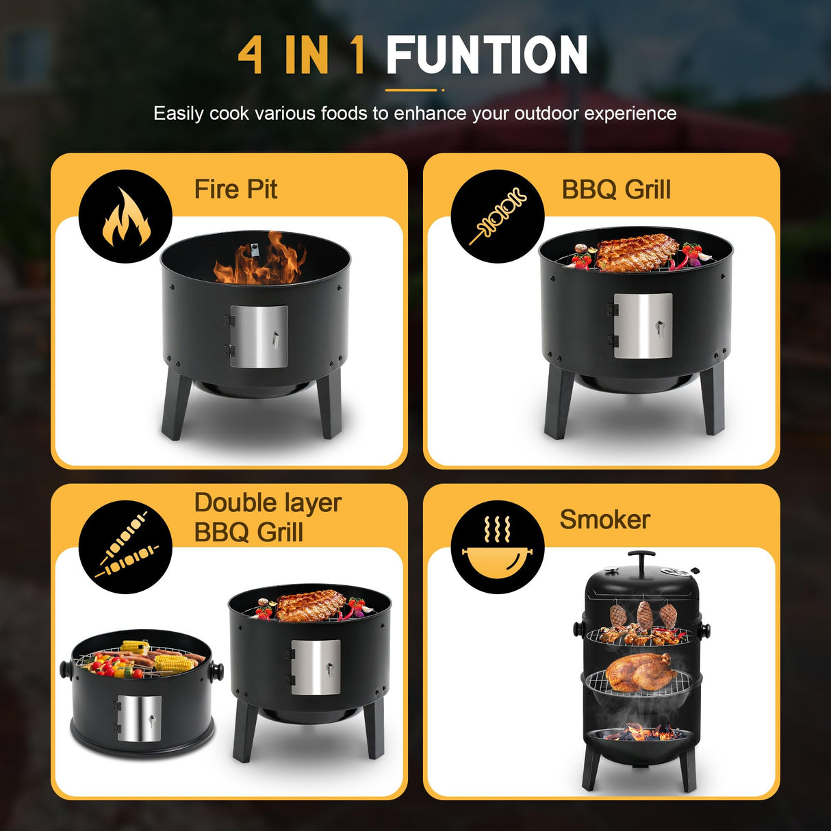 BIG HORN OUTDOORS 16 inch Charcoal Smoker, Vertical BBQ Grill, Heavy Duty 4 In 1 Fire Pit with Built-in Thermometer & Adjustable Vent System for Backyard Patio Camping BIG HORN OUTDOORS