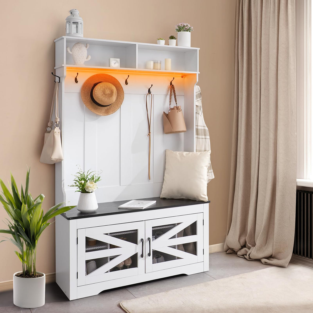 VEVOR Hall Tree Entryway Bench, LED Coat Rack with Shoe Storage, 42" Wide Mudroom Bench with Storage and Seating, Adjustable Shelves and 7 Hanging Hooks, for Mudroom, Entryway, Hallway VEVOR