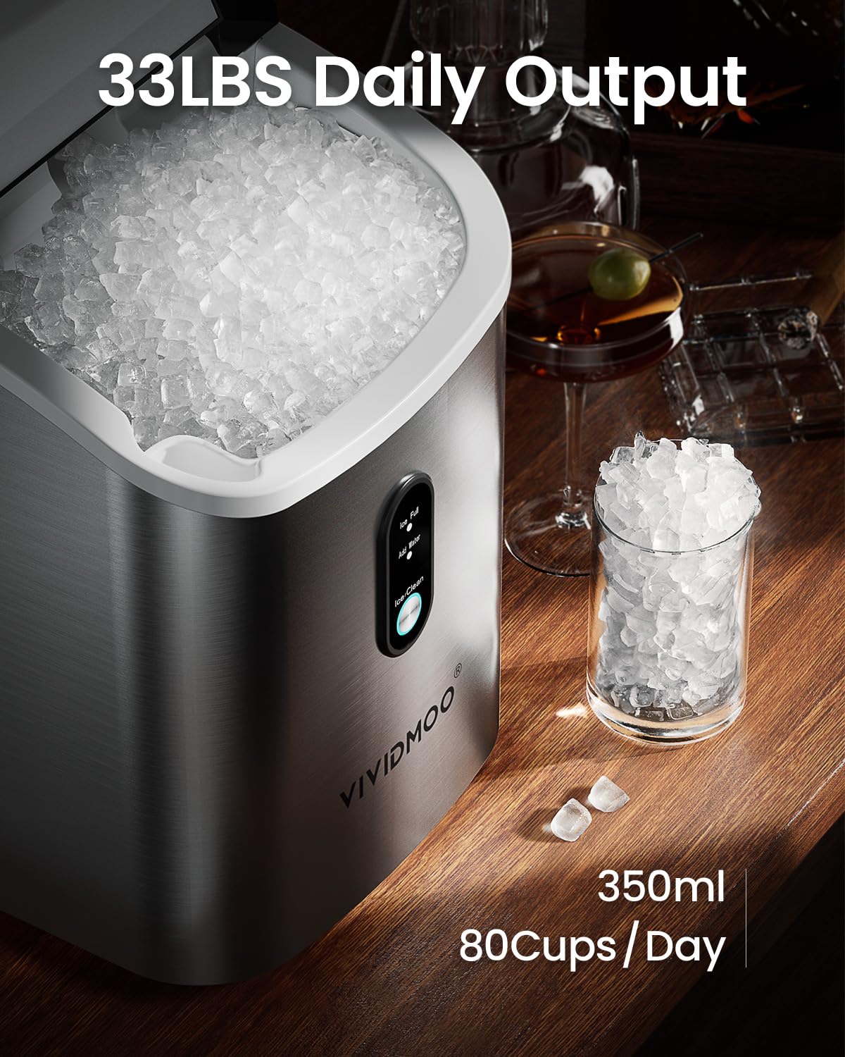 VIVIDMOO Nugget Ice Maker Countertop, 34lbs/24H Pebble Ice Machine, Self-Cleaning Sonic Ice Maker with Basket & Scoop, Compact Pellet Ice Maker for Home/Office/Kitchen/RV/Party, Stainless Steel Vividmoo
