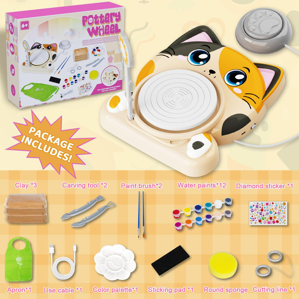 Insnug Pottery Wheel for Kids - Pottery Arts and Crafts for Kids Ages 8-12 with 3 Pack Painting Kit Air Dry Clay Art Supplies for Kids Toys Girls Boy Birthday Gift for 6+ Insnug