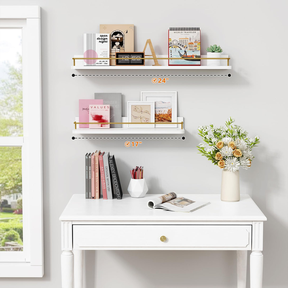 Forbena 24 Inch Bathroom Floating Shelves for Wall Set of 3, Gold Bathroom Shelves Over Toilet Wall Mounted with Rail, Decorative Hanging Shelf for Bedroom Office Living Room Decor (White and Gold) Forbena