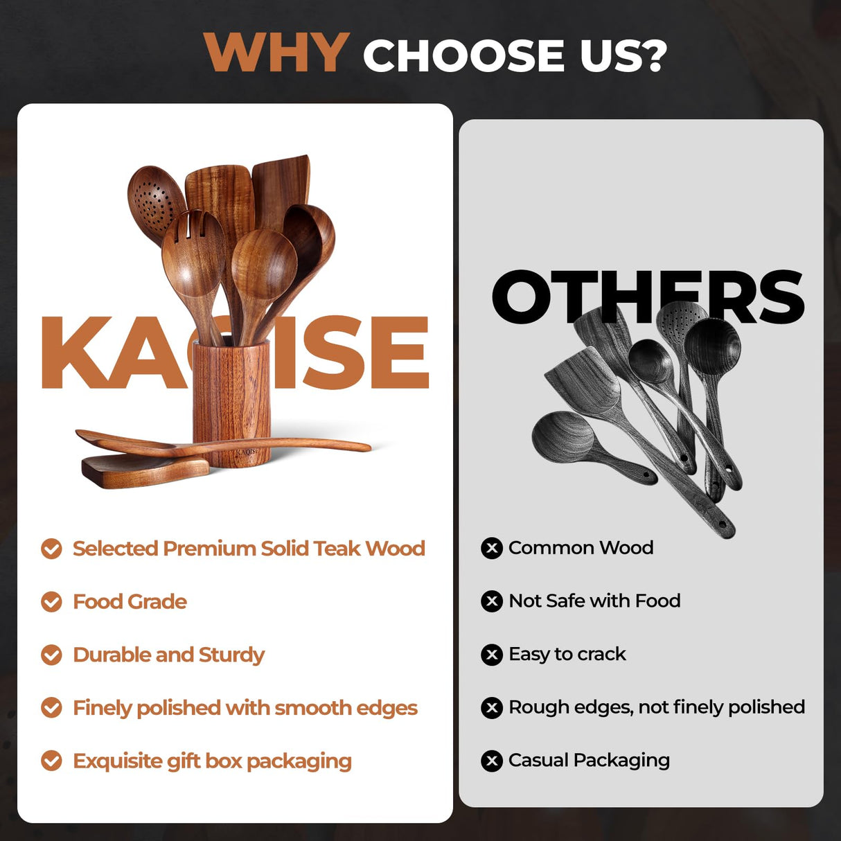 KAQISE Wooden Spoons for Cooking, Kitchen Essential Wooden Utensils Set, Teak Wood Cooking Utensils Set for Families(8 Pieces ) KAQISE