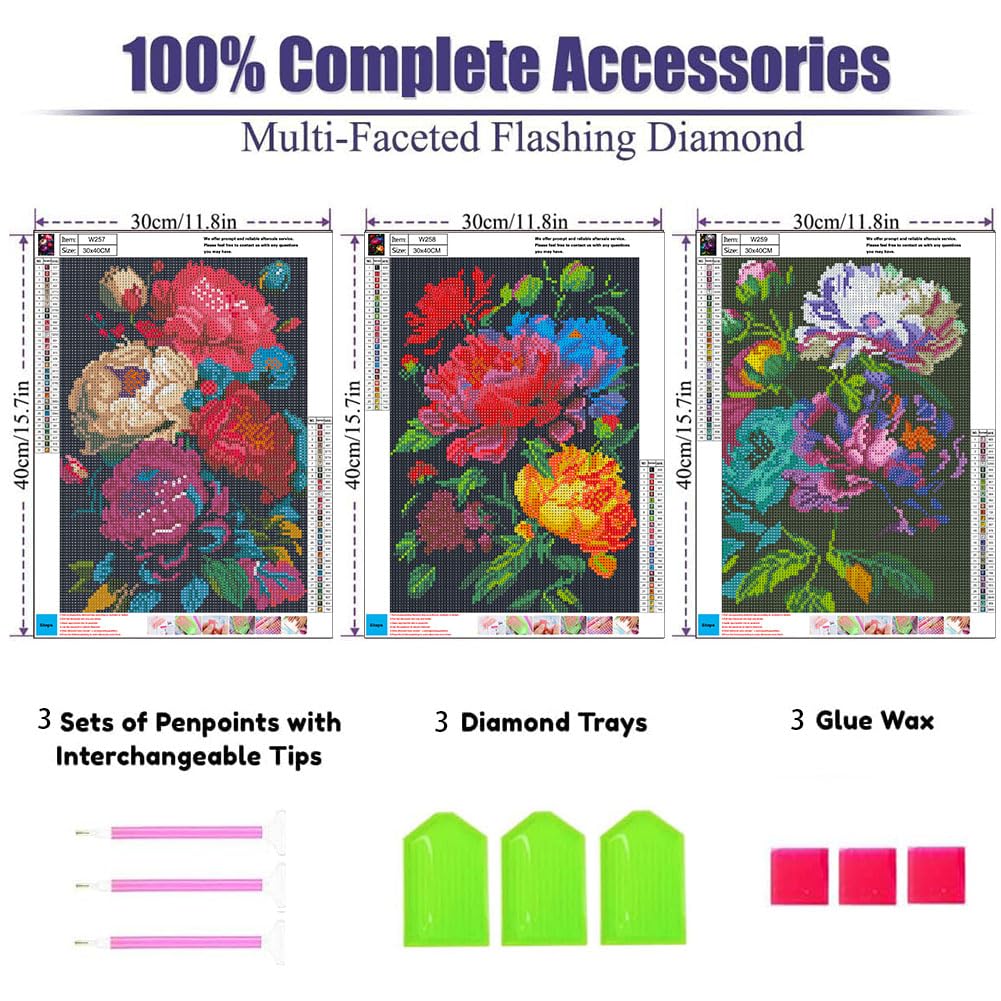 OFRKE Diamond Painting Kits for Adults,3 Pack Flower Diamond Art for Beginners, Diamond Round 5D Full Drill Paint with Diamonds Pictures Gem Art Painting Kits DIY Crafts Kits 12x16inch OFRKE