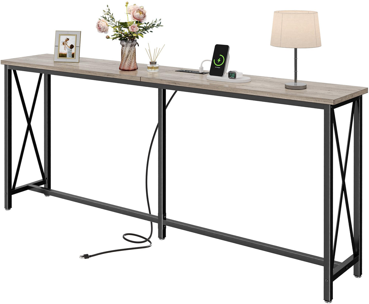 SUPERJARE 70 Inch Console Table with 2 Outlets, 1 Type-C and 1 USB Port, Extra Long Entryway Table with Metal Frame and X-Shaped Bars, Narrow Sofa Table for Living Room, Hallway, Grey Oak SUPERJARE