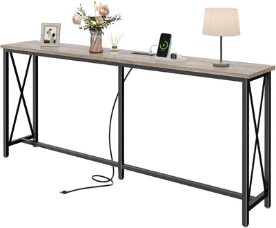 SUPERJARE 70 Inch Console Table with 2 Outlets, 1 Type-C and 1 USB Port, Extra Long Entryway Table with Metal Frame and X-Shaped Bars, Narrow Sofa Table for Living Room, Hallway, Grey Oak