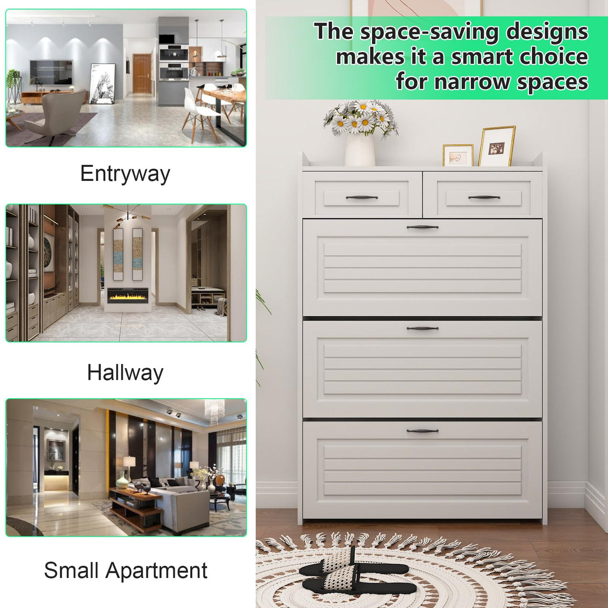 ODUWA Shoe Storage Cabinet with 3 Flip Drawers and 2 Storage Drawers,Easy to Store 18-25 Pairs of Shoes,White Wood Shoe Storage Cabinet for Entryway,Hallway,PVC Door with Shape ODUWA