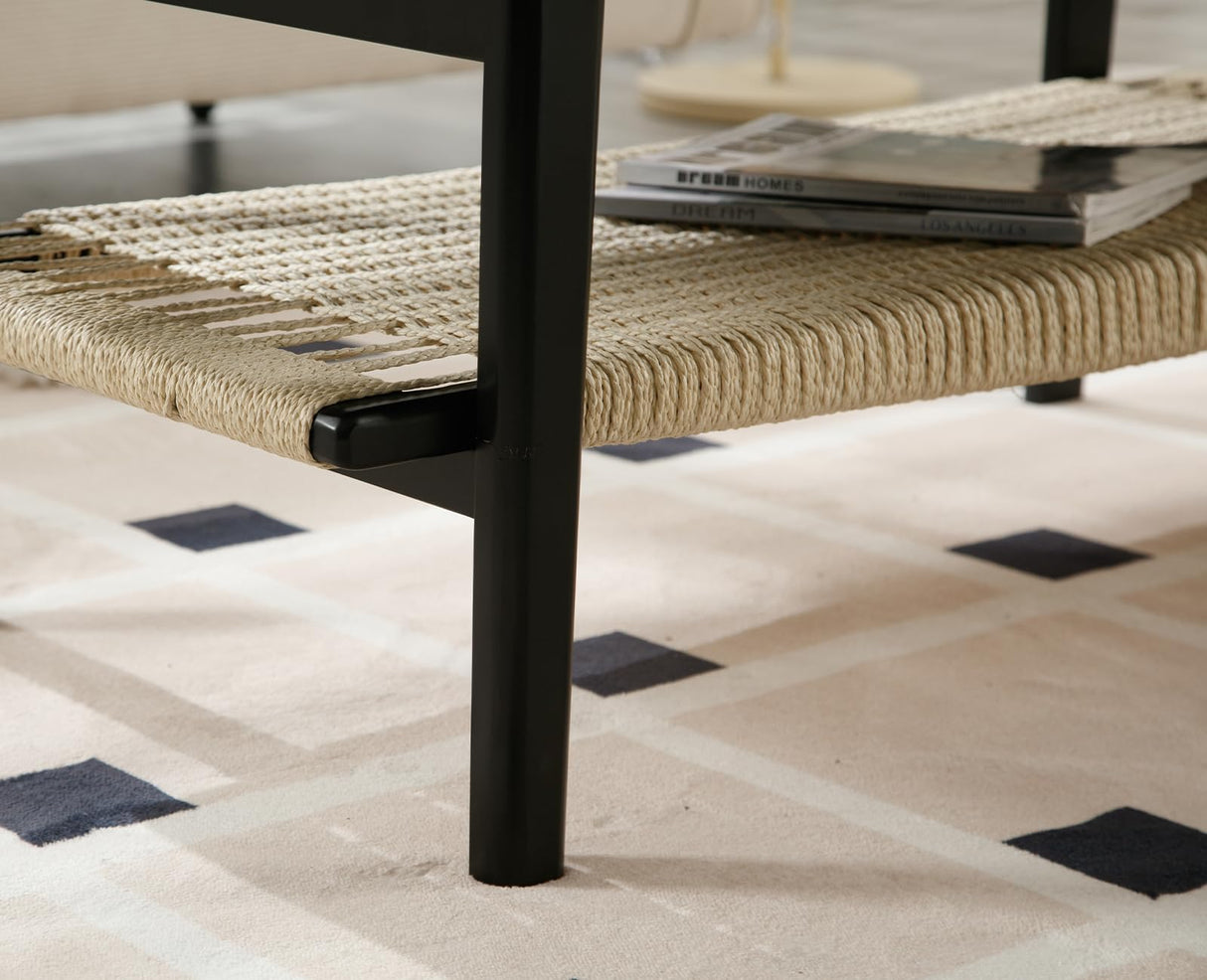 Chairus Farmhouse Rectangular Coffee Table with Rattan Storage - Solid Wood Centre Table for Home and Office chairus