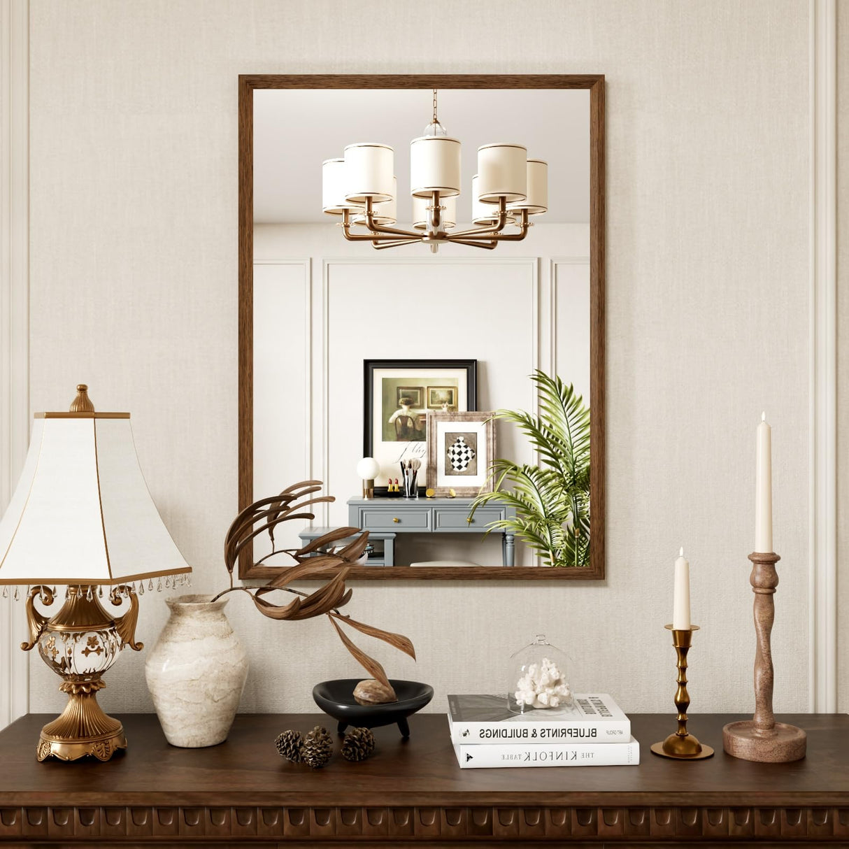 JISOSO 24X36 Inch Bathroom Mirror, Rectangular Bathroom Vanity Mirror, Walnut Wood Grain Framed Mirror for Wall, Tempered Glass, Anti-Rust, Horizontal/Vertical JISOSO