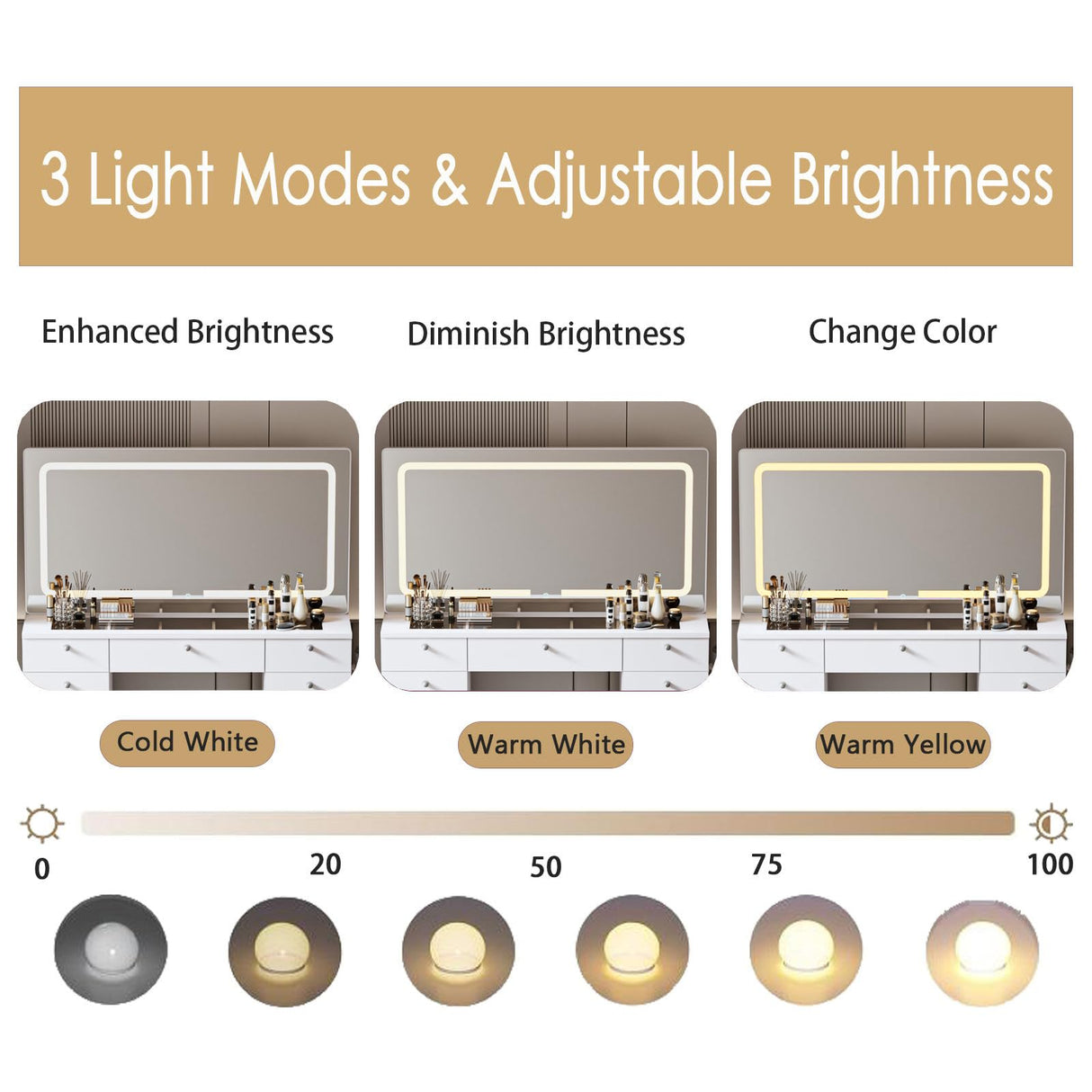 JassmiPkwy 46 INCH Makeup Vanity Desk with Mirror - Glass Tabletop Vanity Table with Lights, Drawers, Power Outlet, Large Storage Desk for Bedroom, White JassmiPkwy