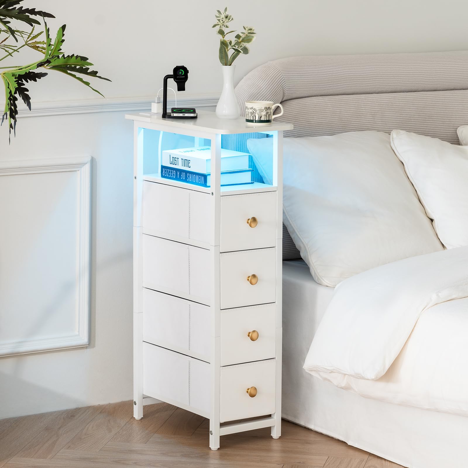 Yoobure Narrow Dresser for Bedroom, LED Slim Dresser with Charging
