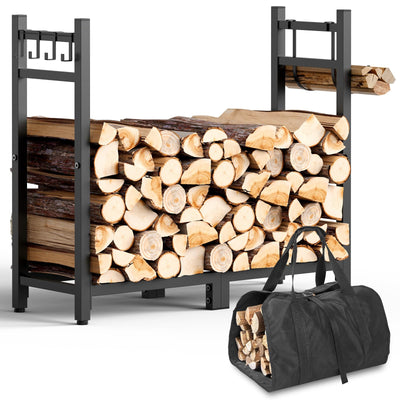 Brightown Firewood Rack Indoor with Log Carrier, 34inch Outdoor Wood Rack for Firewood,Fire Wood Storage with Kindling Hooks, Adjustable Pads, Heavy