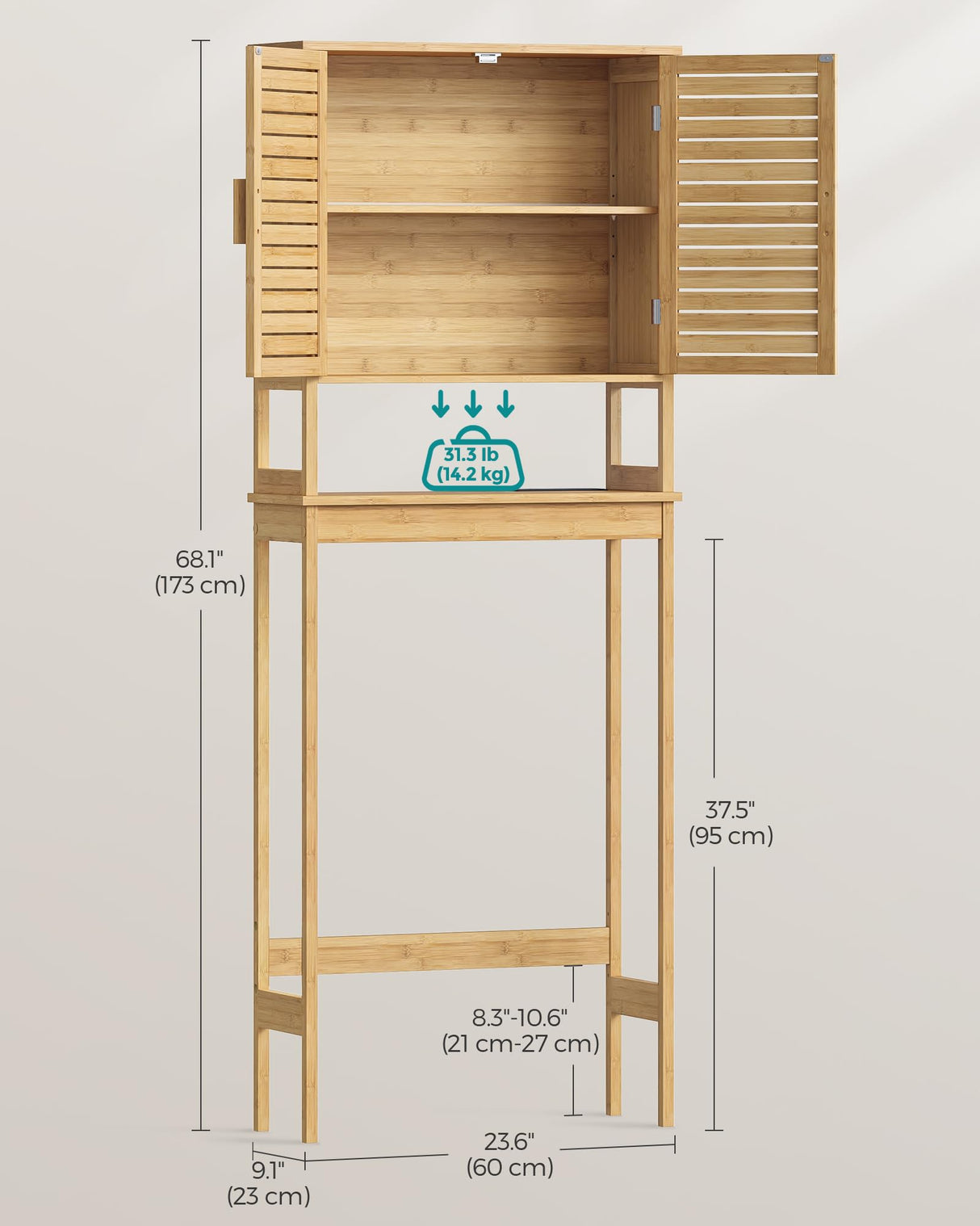 SONGMICS Over The Toilet Storage Cabinet, Bathroom Cabinet with Adjustable Inside Shelf and Bottom Stabilizer Bar, Space-Saving Toilet Rack, Cloud White UBTS010W01 SONGMICS