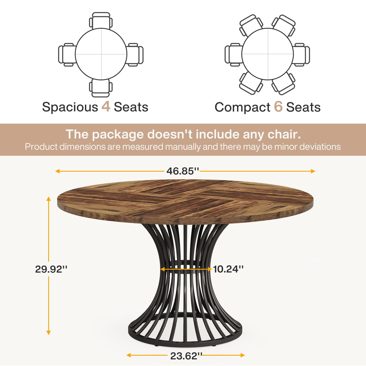 Tribesigns Round Conference Table for 4-6, 47-Inch Conference Room Table with Thickened Tabletop and Metal Base, Industrial Meeting Table for Office Meeting Room, Rustic Brown Tribesigns