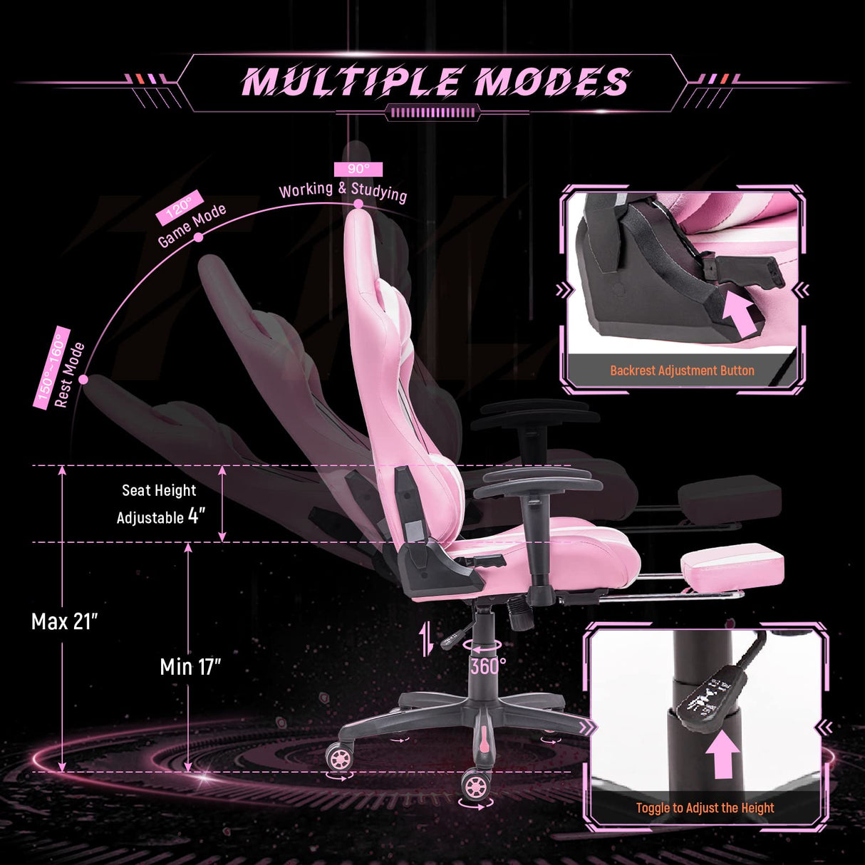AA Products Gaming Chair Ergonomic High Back Computer Racing Chair Adjustable Office Chair with Footrest, Lumbar Support Swivel Chair - WhitePink AA Products Inc.